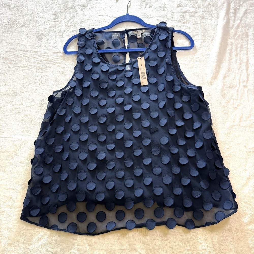 NWT NIC+ZOE Women's Large Navy 3D Dot Chiffon Over Poly Lining Sleeveless Top